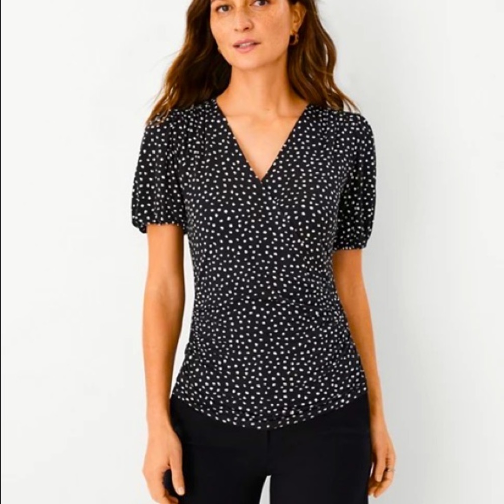 Ann Taylor Spotted Puff Sleeve Wrap Top